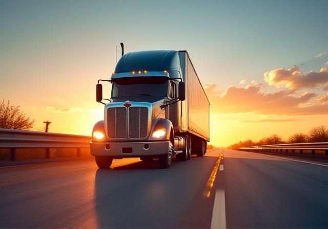 Modern logistics truck on a highway at sunrise