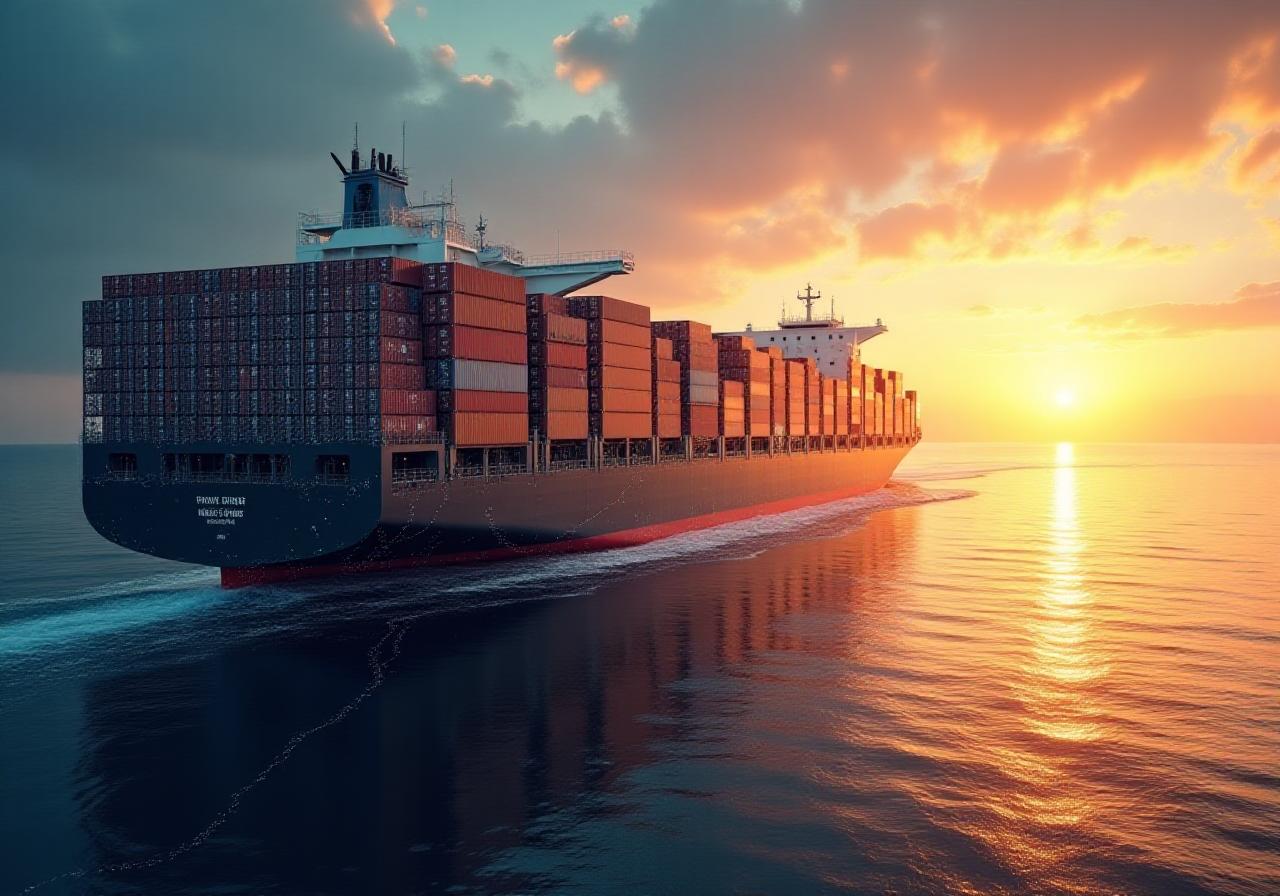 Global logistics forwarding network map and cargo ship